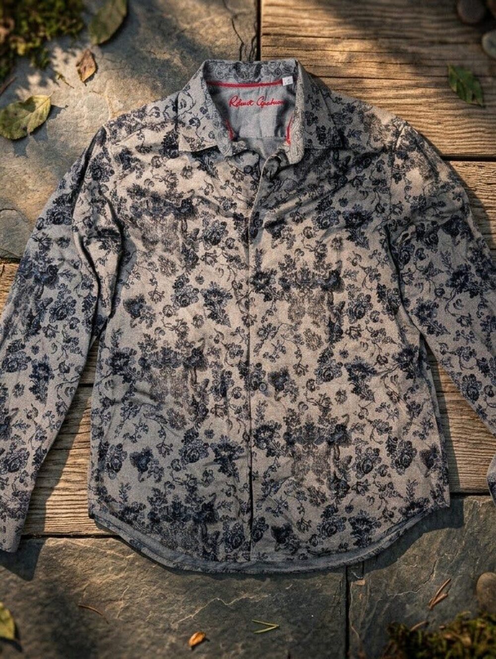 Robert Graham Mens L Floral Paisley Button Down Shirt Grey Blue Statement Dandy